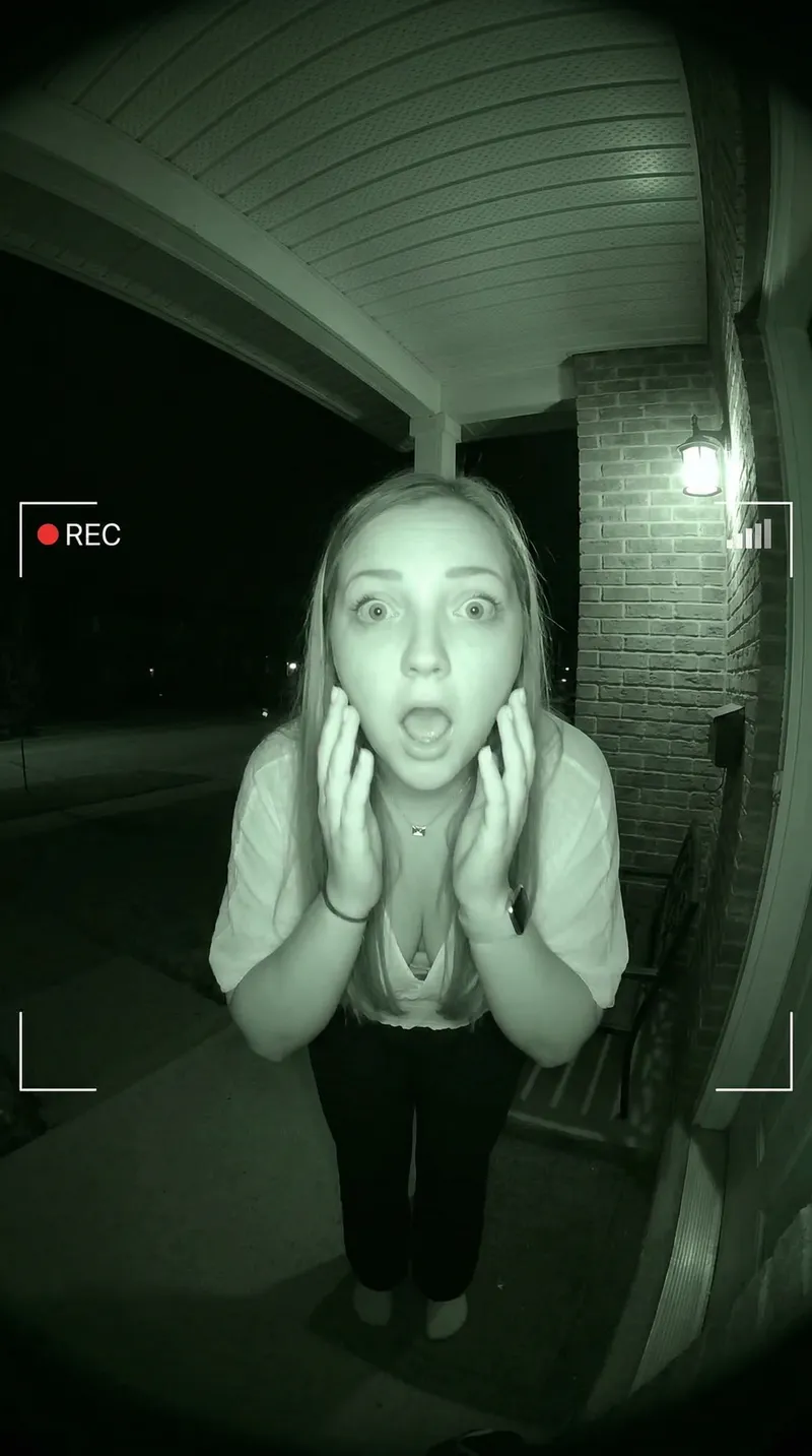 Shocked Woman on Night Doorbell Cam