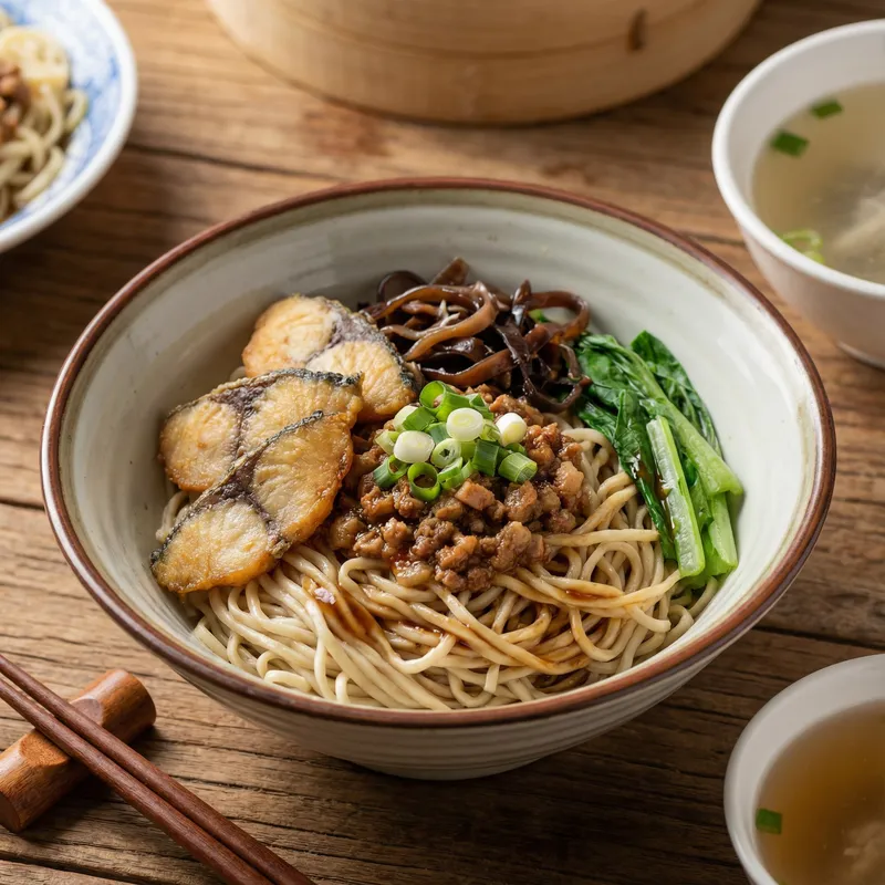 Traditional Dry Noodle Dish with Fresh Ingredients