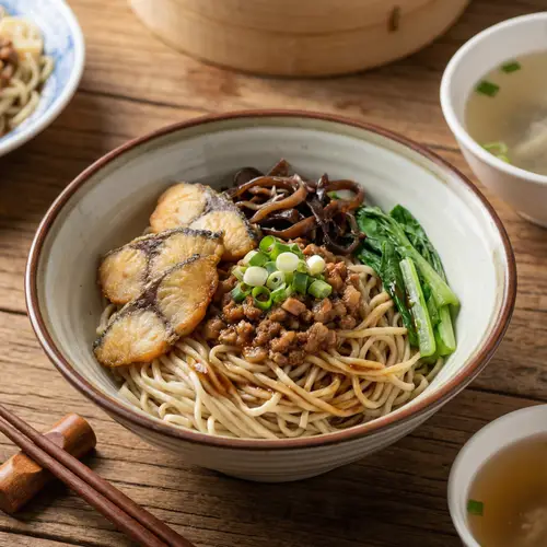 Traditional Dry Noodle Dish with Fresh Ingredients