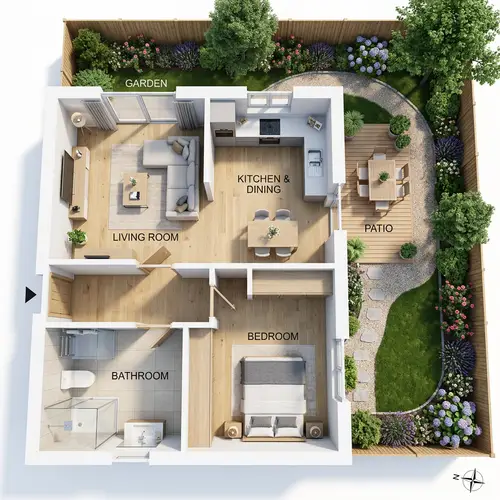 3D Floor Plan with Garden and Room Divisions