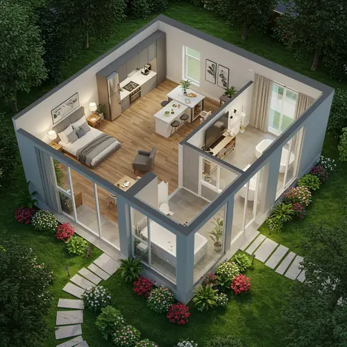 3D Floor Plan with Garden and Room Divisions