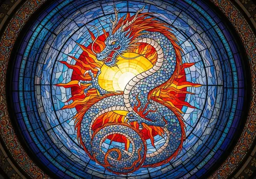 Vibrant Dragon Mosaic Stained Glass Art