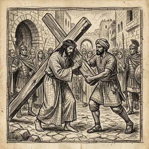 Mosaic Sketch: Jesus Carrying Cross with Helping Hand