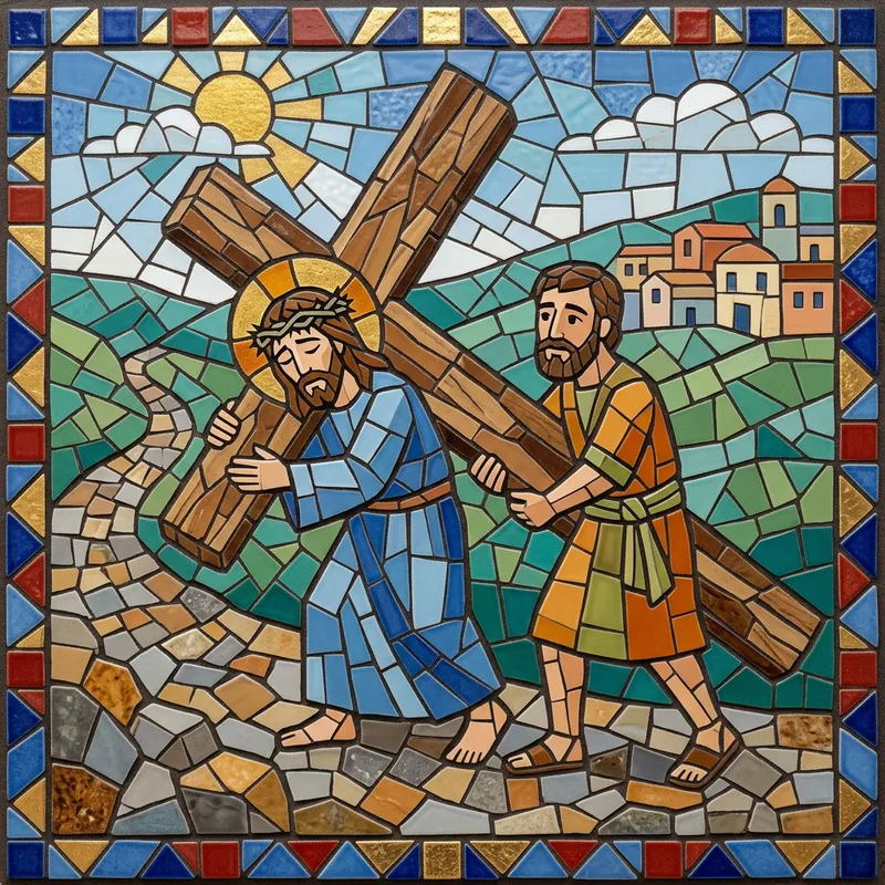 Cartoon Mosaic Art: Person Aiding Jesus with Cross | Geometric Shapes Cartoon Mosaic Art: Person Aiding Jesus with Cross | Geometric Shapes