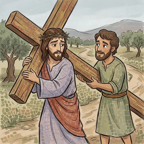 Compassionate Cartoon Depiction of Jesus Carrying the Cross