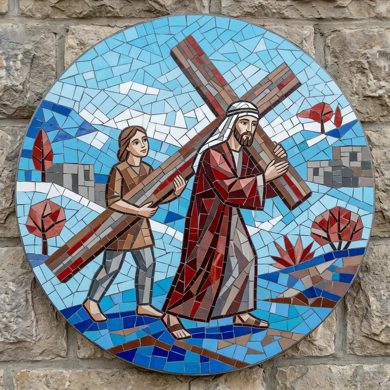 Colorful Medium Geometric Mosaic: Someone Assisting Jesus Colorful Medium Geometric Mosaic: Someone Assisting Jesus
