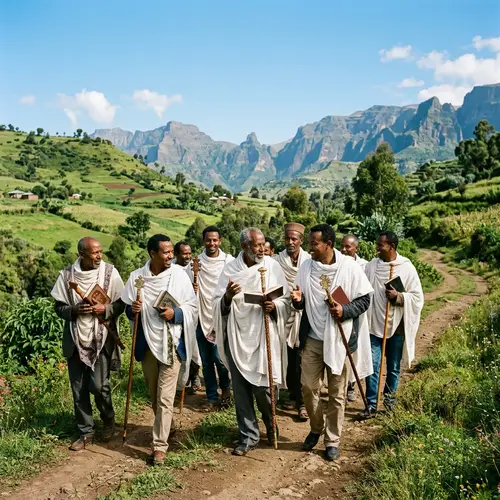 Diverse Ethiopian Fathers Strolling with Books and Church Sticks
