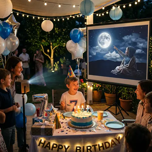 Birthday Party Projection of Child Gazing at Moon