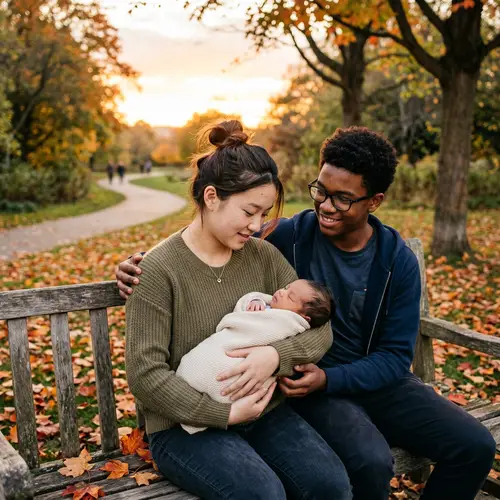 Realistic Image of Teen Parents with Sleeping Baby at Sunset