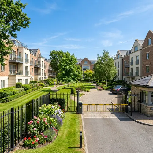 Residential Complex Courtyard with Secure Fence & Lush Greenery