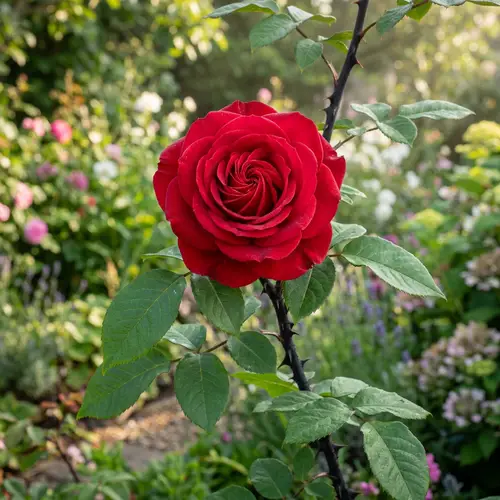 Captivating Red Rose on Striking Black Stem in Enchanting Garden