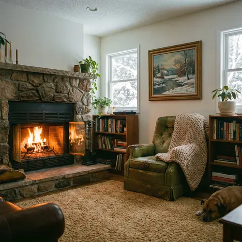 Cozy Winter Home Interior with Stone Fireplace | Warm & Inviting Atmosphere