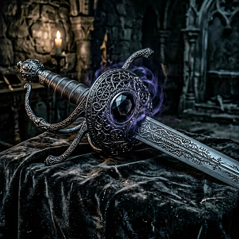 Intricate Cursed Rapier - Ornate Guard with Mysterious Black Stone