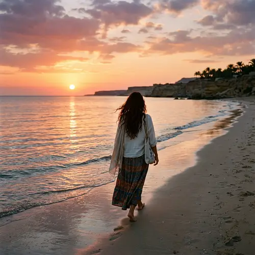 Serenity at Sunset: Middle-Eastern Woman Strolling on Beach
