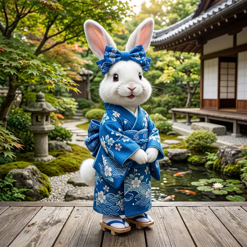 Whimsical White Rabbit in Blue Japanese Attire