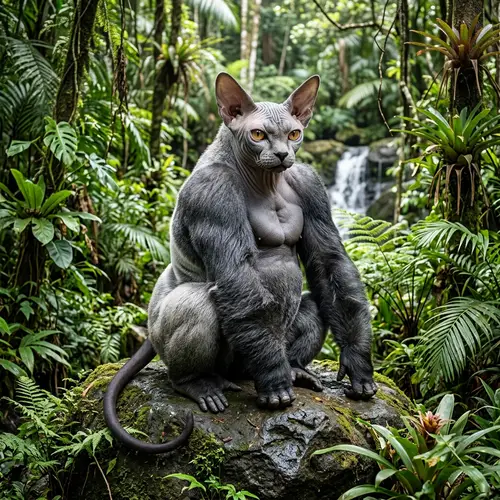Mystical Sphinx-Gorilla Hybrid in Tropical Forest