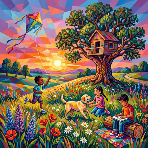 Captivating Childhood Memory: Sunset, Treehouse, and Diverse Group of Children