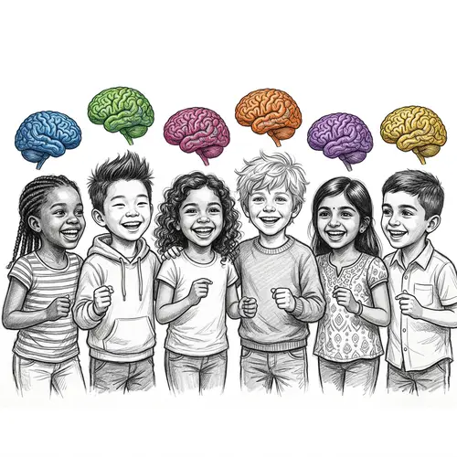 Diverse and Joyful Sketched Children with Colorful Brains