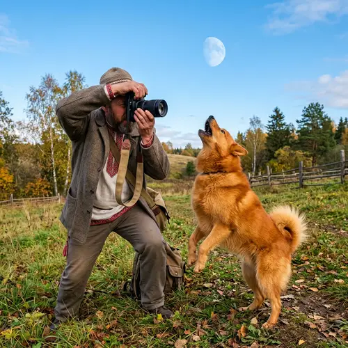 Udmurt Ethnicity Man with Dog gazing at the Daylit Moon
