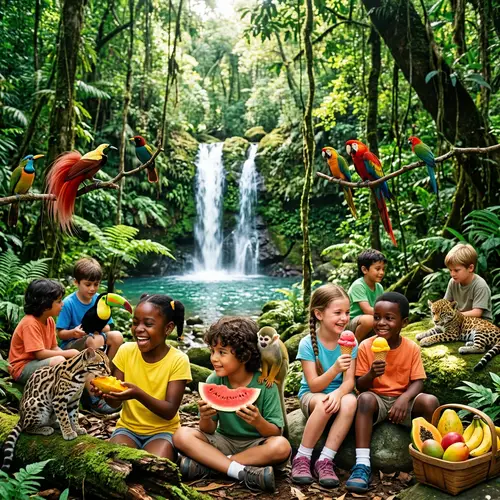 Colorful Forest Wildlife and Diverse Children Playing Joyfully