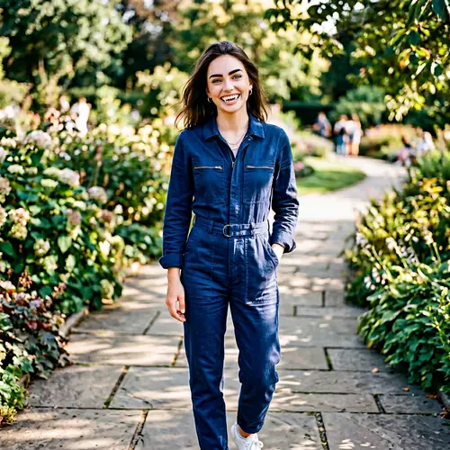 Confident Girl in Blue Jumpsuit with Deep Blue Eyes