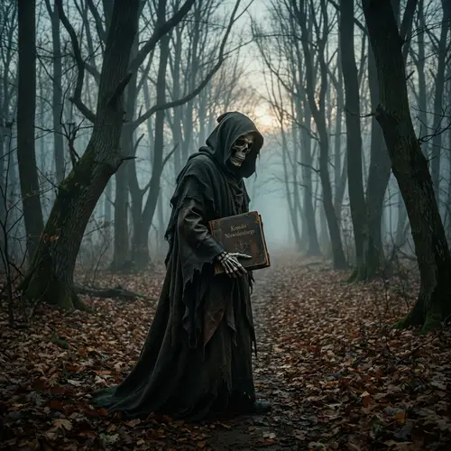 Kostucha: Mysterious Cloaked Figure in a Foggy Forest