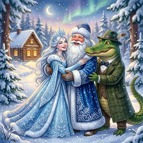 Snow Queen Embracing Father Frost and Crocodile | Fairy Tale Scene