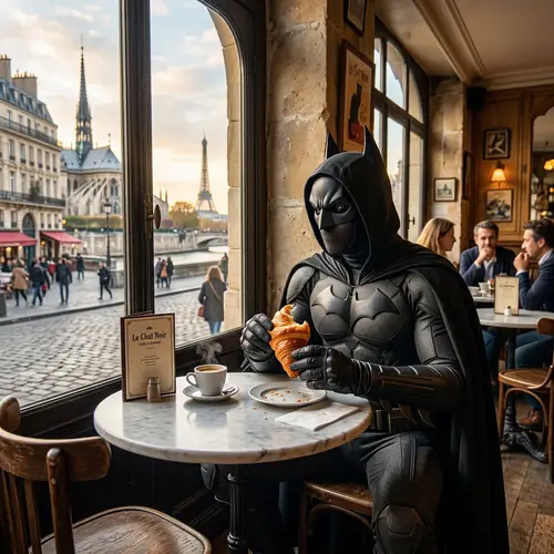 Dark Vigilante Enjoying Croissant in French Cafe