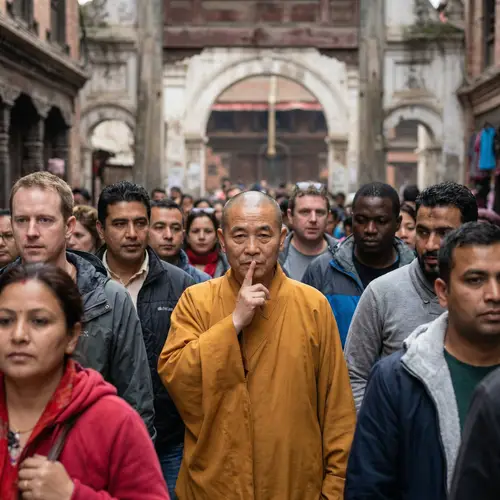 Buddhist Monk Bringing Serenity in Diverse Crowd