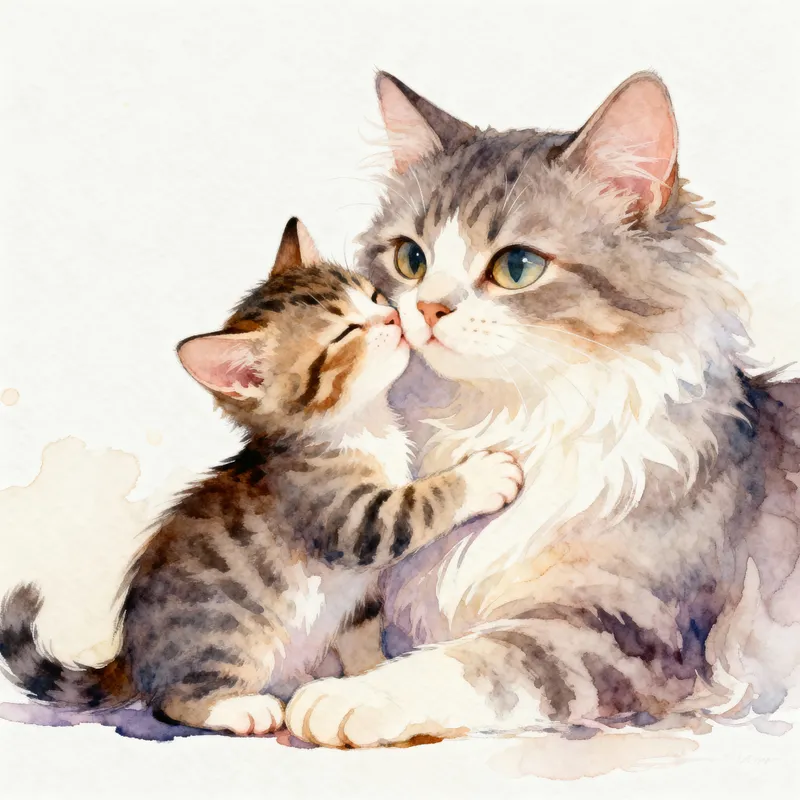 Cute Kitten Hugging Beautiful Cat - Watercolor Art Cute Kitten Hugging Beautiful Cat - Watercolor Art