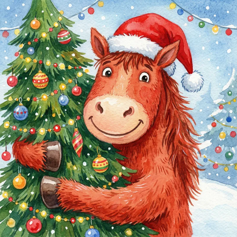 Cheerful Ginger Horse Christmas Illustration