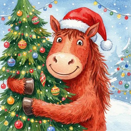 Cheerful Ginger Horse Christmas Illustration