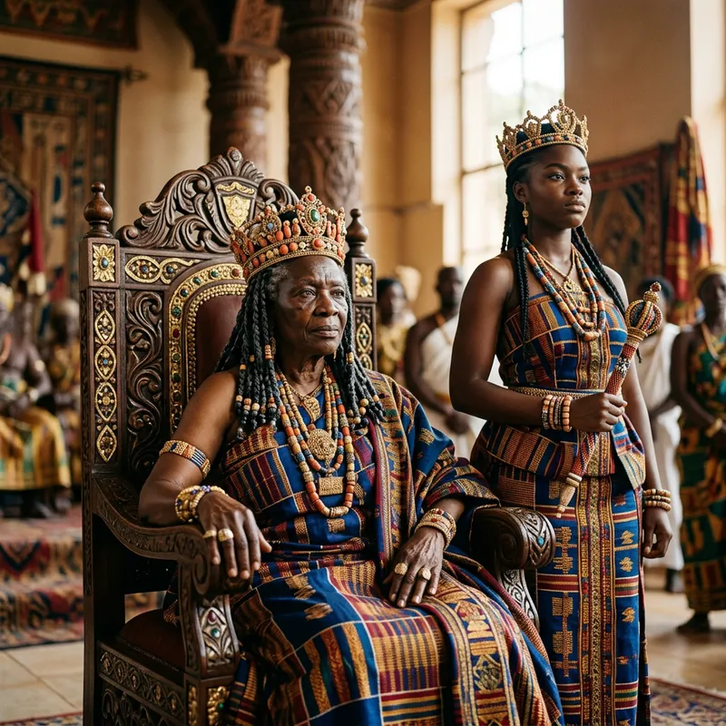 Regal African Queen and Princess on Ornate Throne