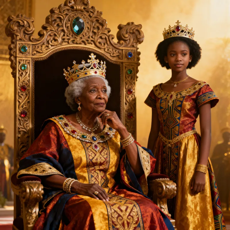 Regal African Queen and Princess on Ornate Throne Regal African Queen and Princess on Ornate Throne