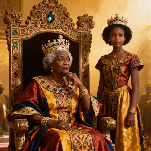 Regal African Queen and Princess on Ornate Throne