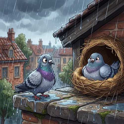 Cartoon of Pigeons in Rainy Weather