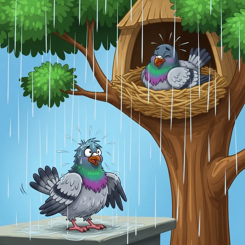 Cartoon of Pigeons in Rainy Weather