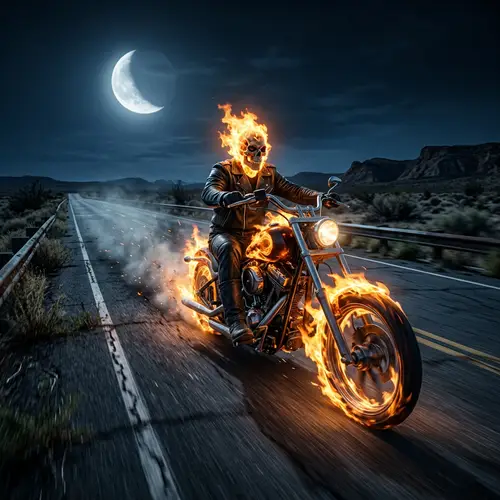 Spectral Ghost Rider Motorcycle on Moonlit Highway