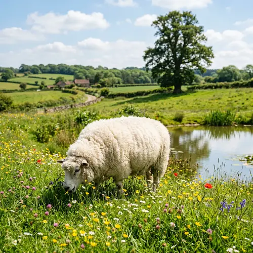 Tranquil Countryside Scene with Fluffy Sheep Grazing