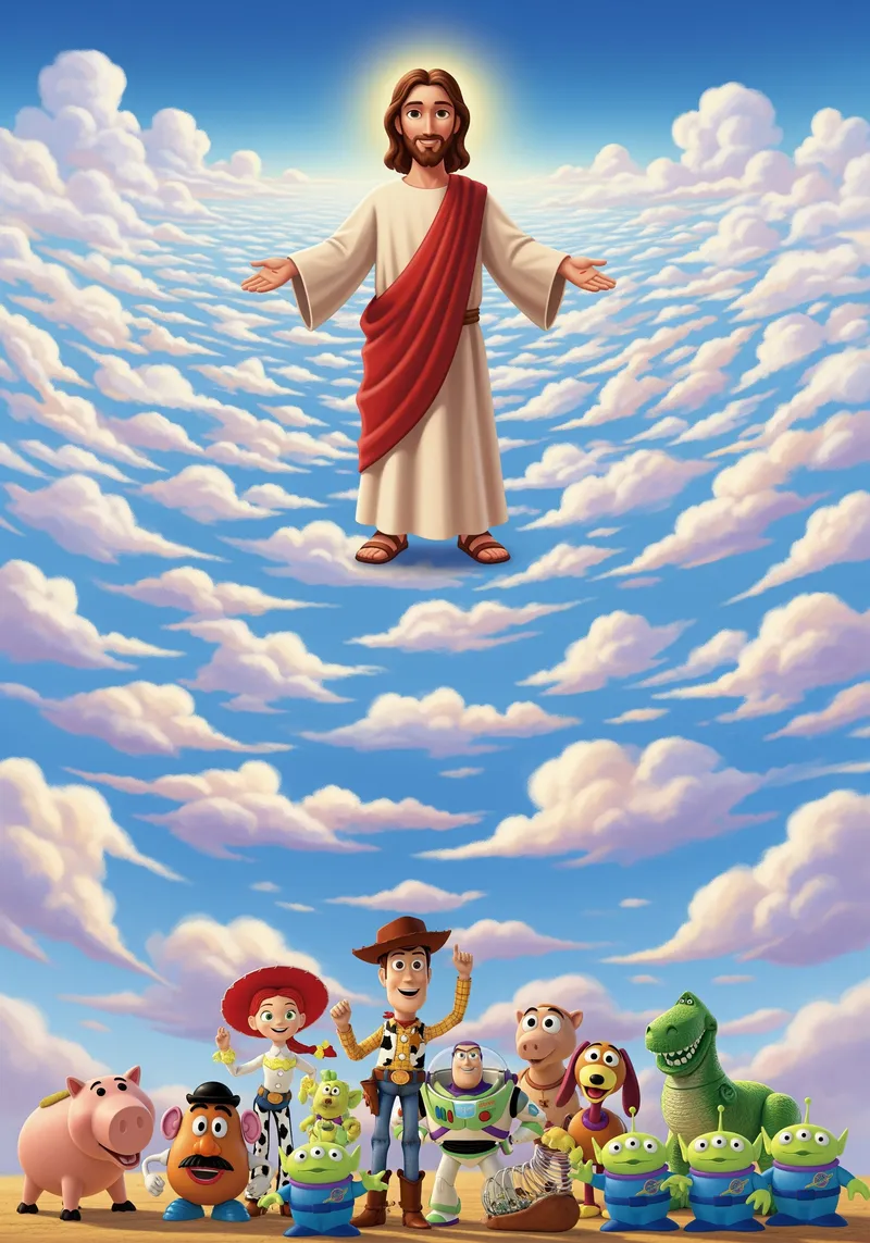 Joyful Vertical Image of Jesus and Toy Story Characters Joyful Vertical Image of Jesus and Toy Story Characters