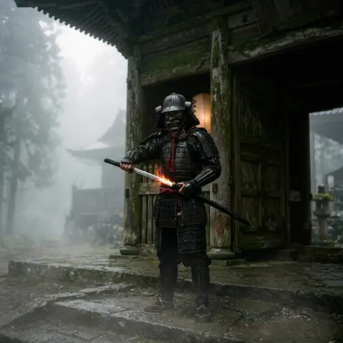 Sinister Samurai at Ancient Japanese Temple - Unsheathing Sword in Fog