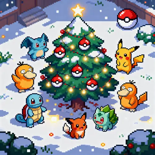 Festive Pokémon Tree Pixel Art Scene