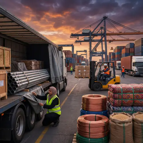 Dynamic Trade Scene with Female Truck Driver and Forklift Operator