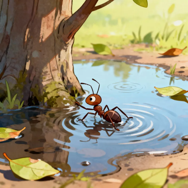 Struggling Ant in Water: Cartoon Art