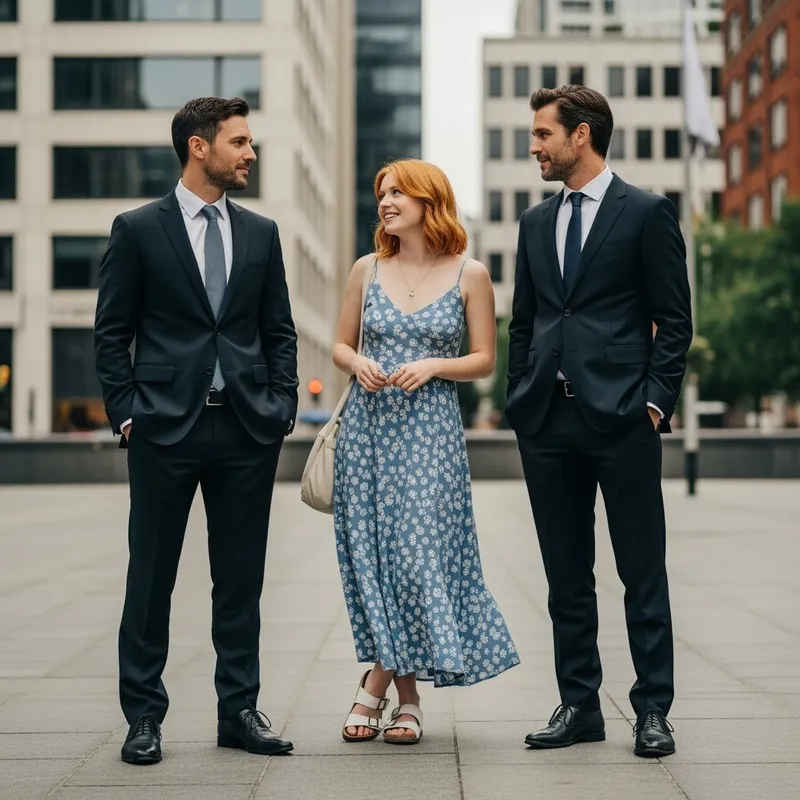 Professional Men and Casual Woman in a Social Setting
