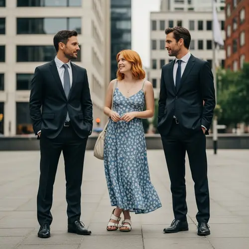 Professional Men and Casual Woman in a Social Setting