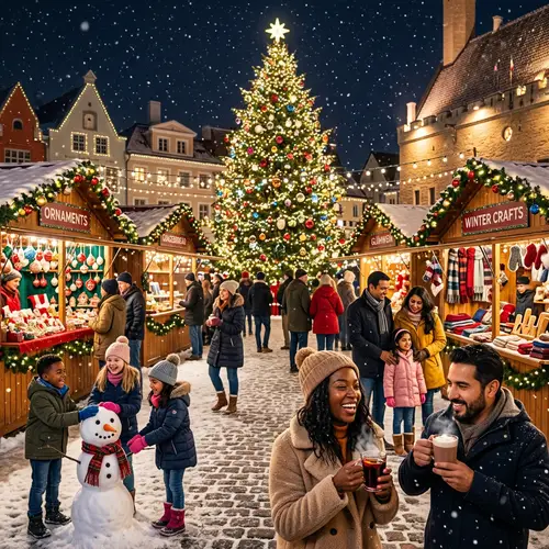 Traditional Christmas Market with Crafts and Joyful Atmosphere