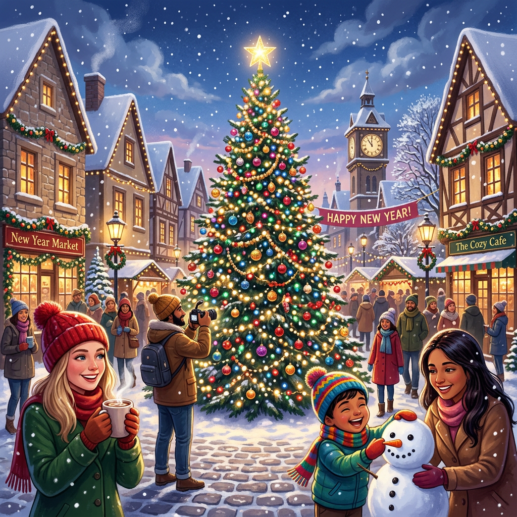 Cozy Christmas Illustration with Snow and Lights | AI Art