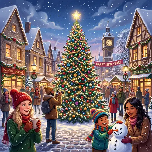 Magical New Year Celebration with Festive Streetscape and Multicultural Characters
