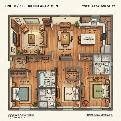 Luxurious 3 Bedroom Apartment with 2 Ensuites - 900 Sqft